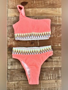 Boutique Coral One Shoulder Smocked Bikini Set XS